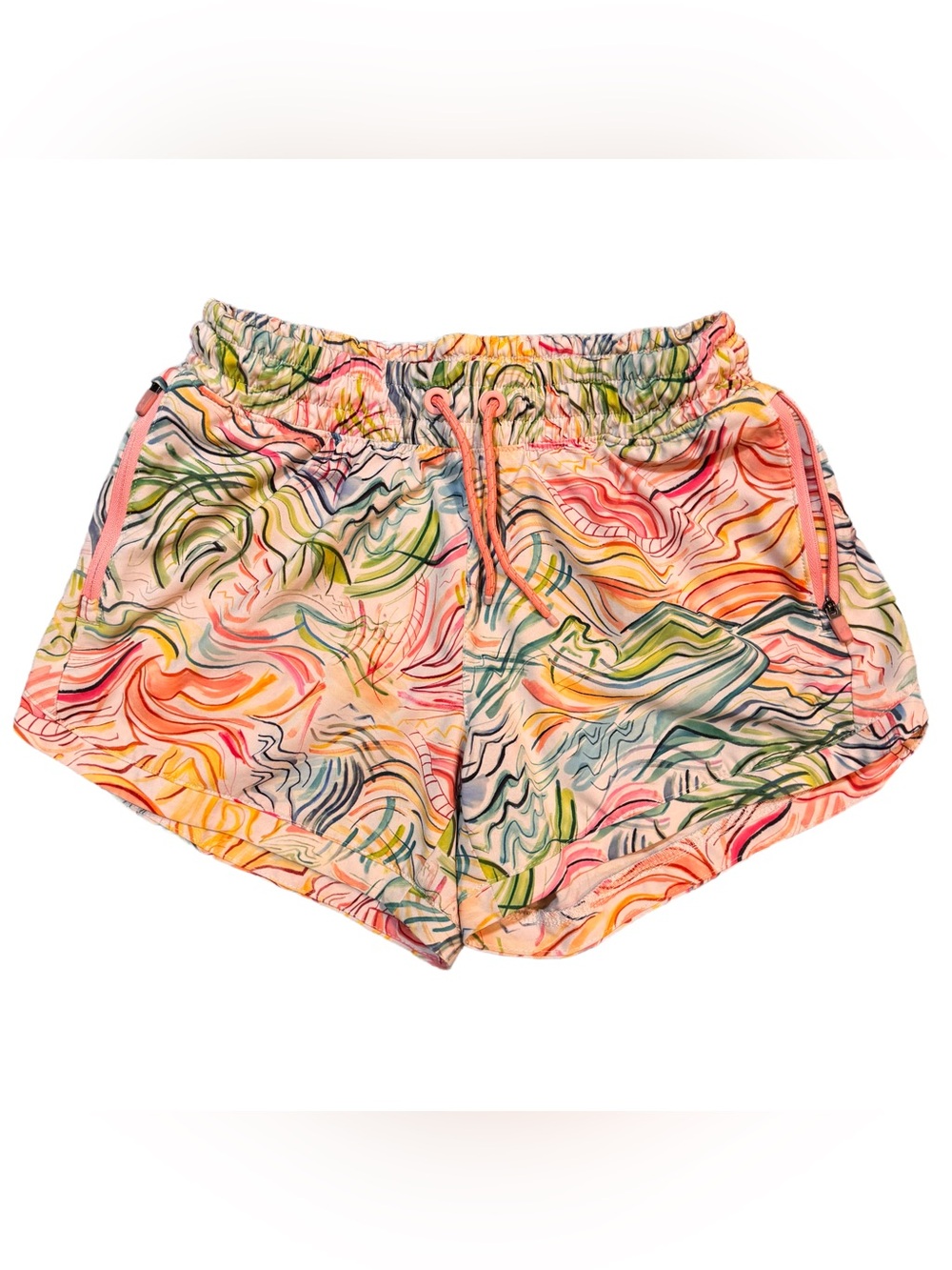 Athleta Girl XL Multicolor Swirl Print Athletic Shorts - Coral Drawstring